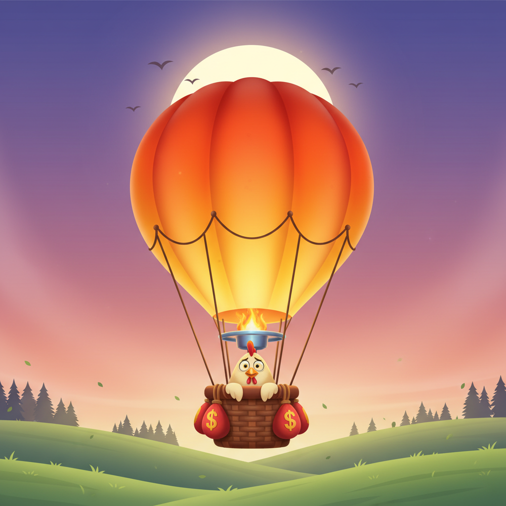 BalloniX משחק כדור פורח - תרנגולת מצוירת טייסת בכדור פורח צהוב-כתום מעל נוף ירוק בדמדומים, שקי כסף אדומים תלויים בסל, שמיים סגולים-ורודים ברקע