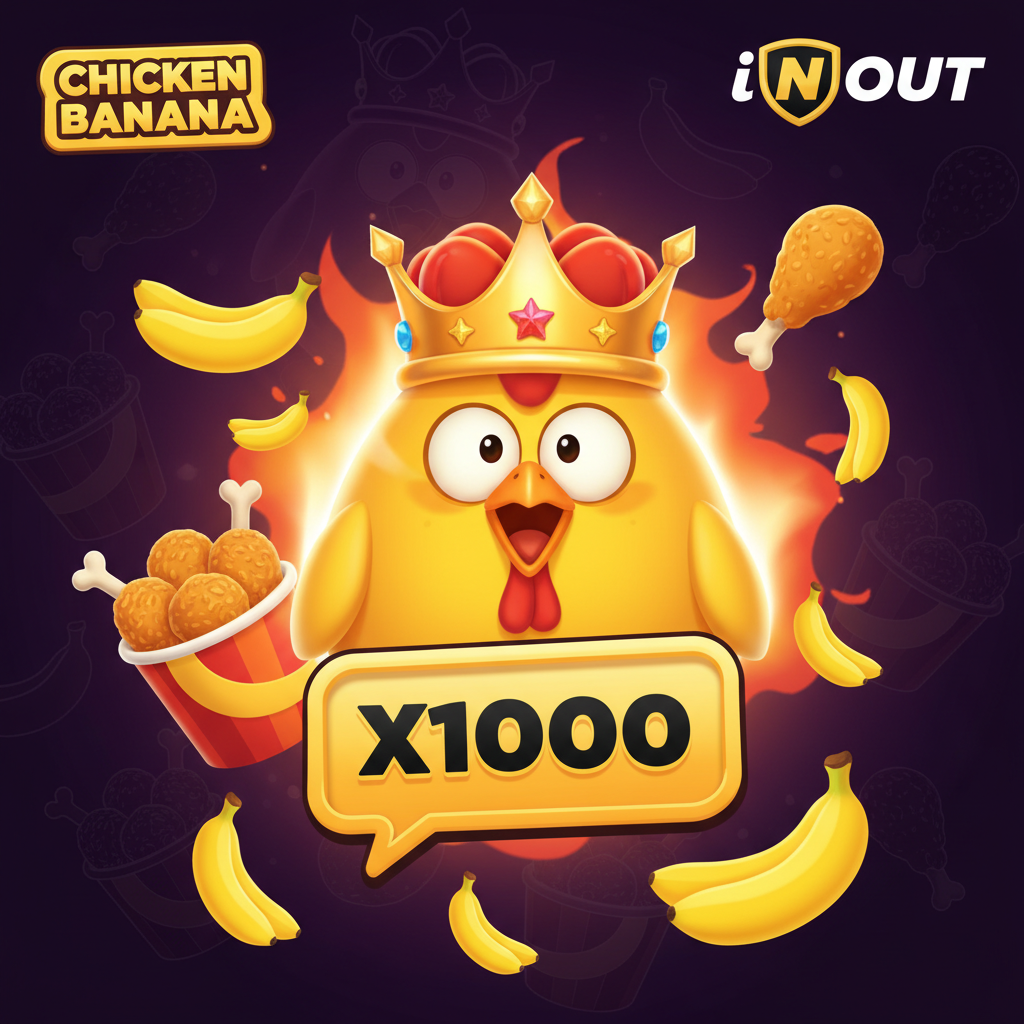 Chicken Banana slot game by InOut featuring cartoon chicken character with golden crown surrounded by yellow bananas and fried chicken bucket with x1000 jackpot multiplier