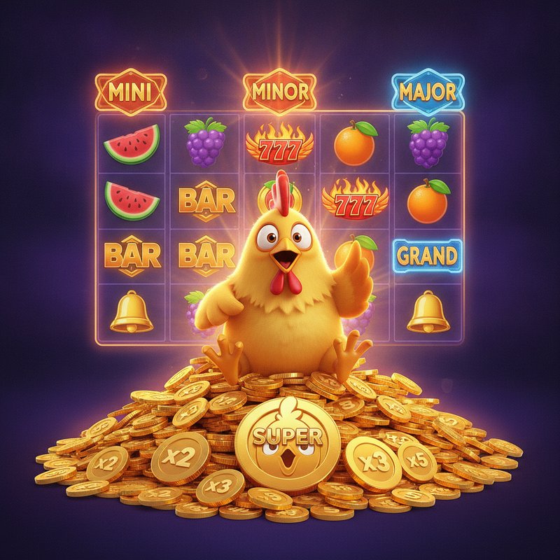 Chicken Coin Hold and Win slot game - golden cartoon chicken mascot sitting on pile of gold coins with multiplier chicken coins, super chicken coin with surprised expression, jackpot symbols MINI MINOR MAJOR GRAND, fruit symbols watermelon grapes oranges, 777 wild, BAR and bells symbols on purple grid