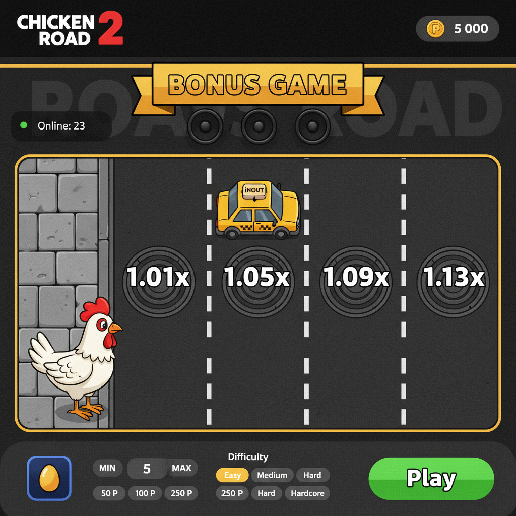 Chicken Road 2 Bonus - תרנגולת קריקטורית לבנה עם כובע אדום חוצה כביש רב-נתיבי מסוכן עם מכפילים, מכוניות צבעוניות והתמונה ממשחק הארקייד של InOut