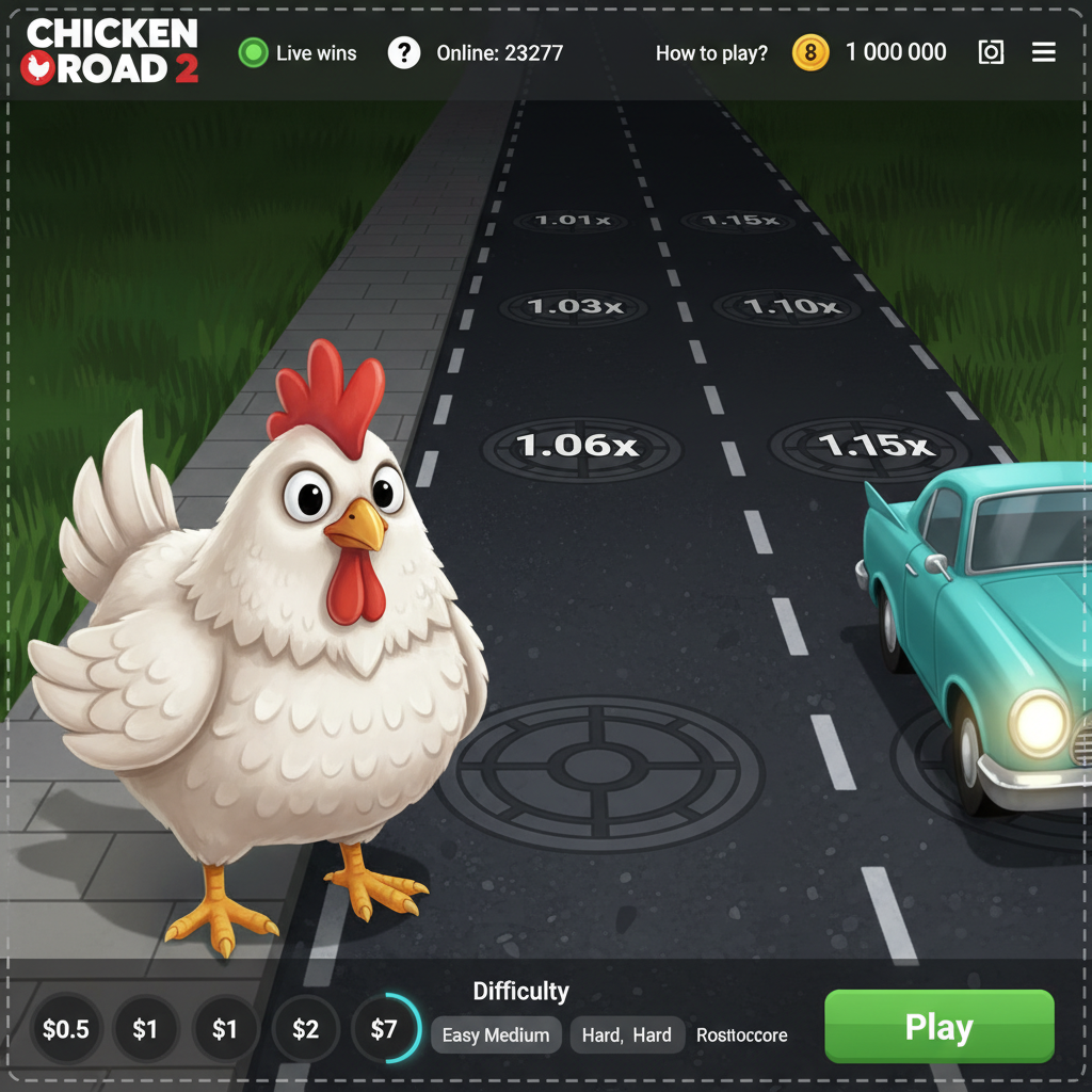 Chicken Road 2 slot game featuring white chicken with red comb standing on dark asphalt road with lane markings, preparing to cross highway to collect multipliers while avoiding traffic