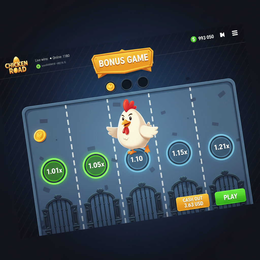 Chicken Road Bonus slot game featuring cartoon white chicken with red comb crossing road lanes with green active multiplier circles, golden eggs, and dashed lane markings on dark blue background