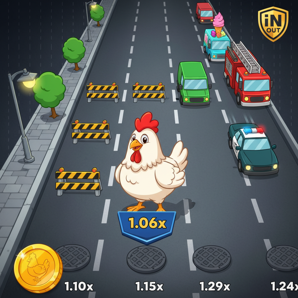 Chicken Road משחק קראש - תרנגולת קריקטורית חוצה נתיבי כביש מלמעלה עם מכוניות צבעוניות ומחסומים צהוב-שחור, InOut Games