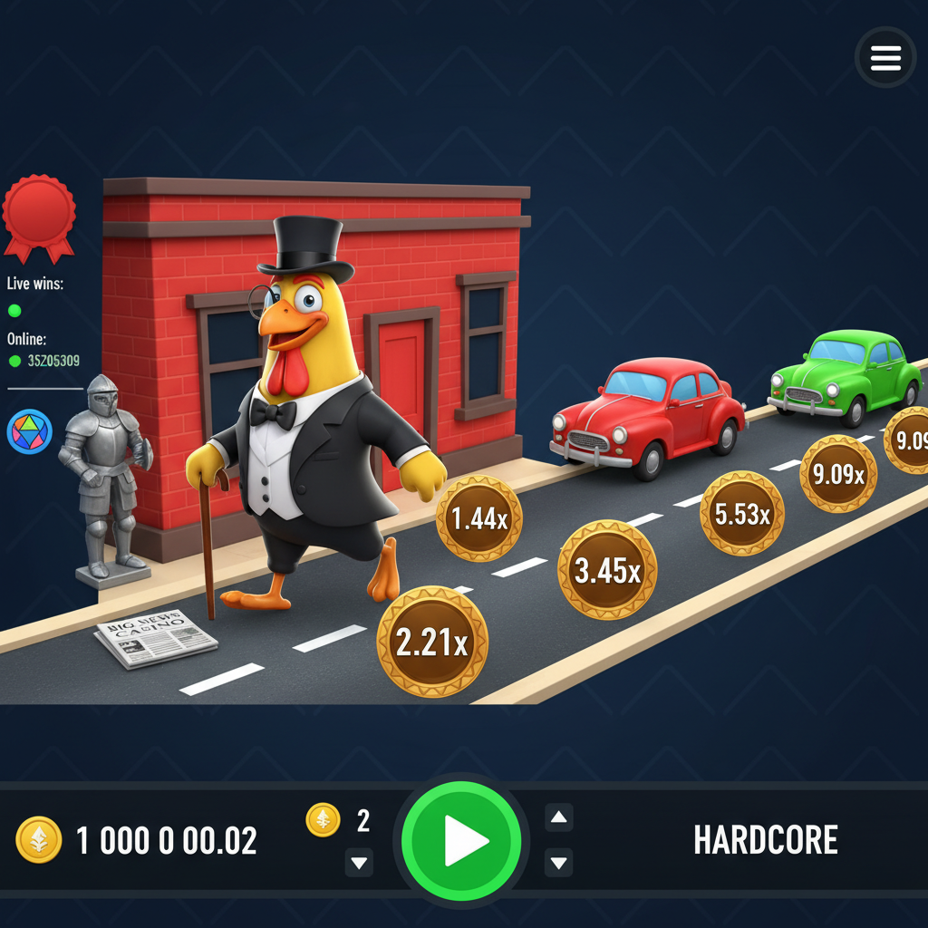 Chicken Road Gold: תרנגול אצילי בחליפה וכובע גבוה חוצה כביש עם מכפילים מוזהבים ומכוניות מסוכנות, משחק קראש INOUT