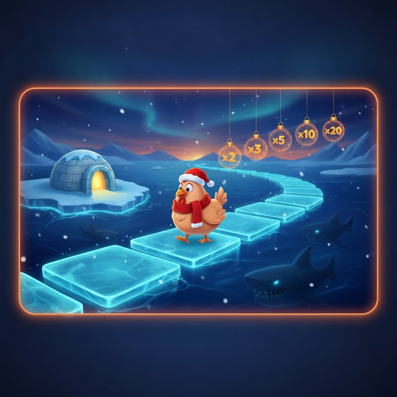 Chicken Road Ice slot game featuring a cartoon chicken in Santa hat navigating across glowing cyan ice plates over arctic water, with Christmas ornament multipliers hanging above showing progressive values, igloo starting point, and winter theme with sharks beneath the ice