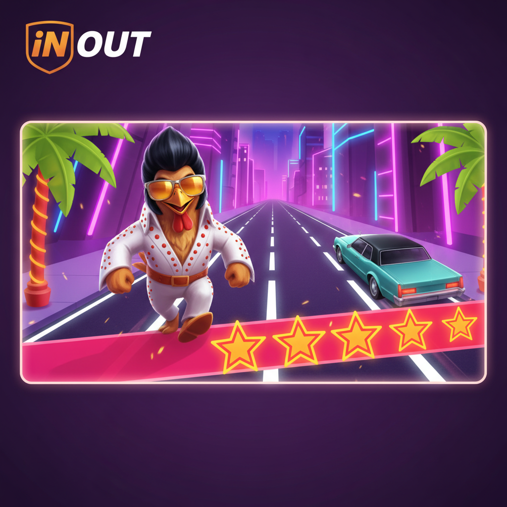 Chicken Road Vegas - תרנגולת אלביס עם משקפי שמש וחליפה לבנה חוצה כביש נאון בווגאס עם מכפילים x1.01 עד x1.15 וכלי רכב ציאן טורקיז