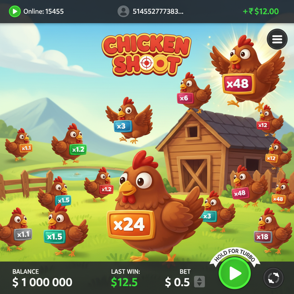 Chicken Shoot - סצנת חווה קרטונית עם תרנגולות נושאות תגי מכפיל מ-x1.1 עד x48, רקע כפרי עם שמיים כחולים וגבעות ירוקות